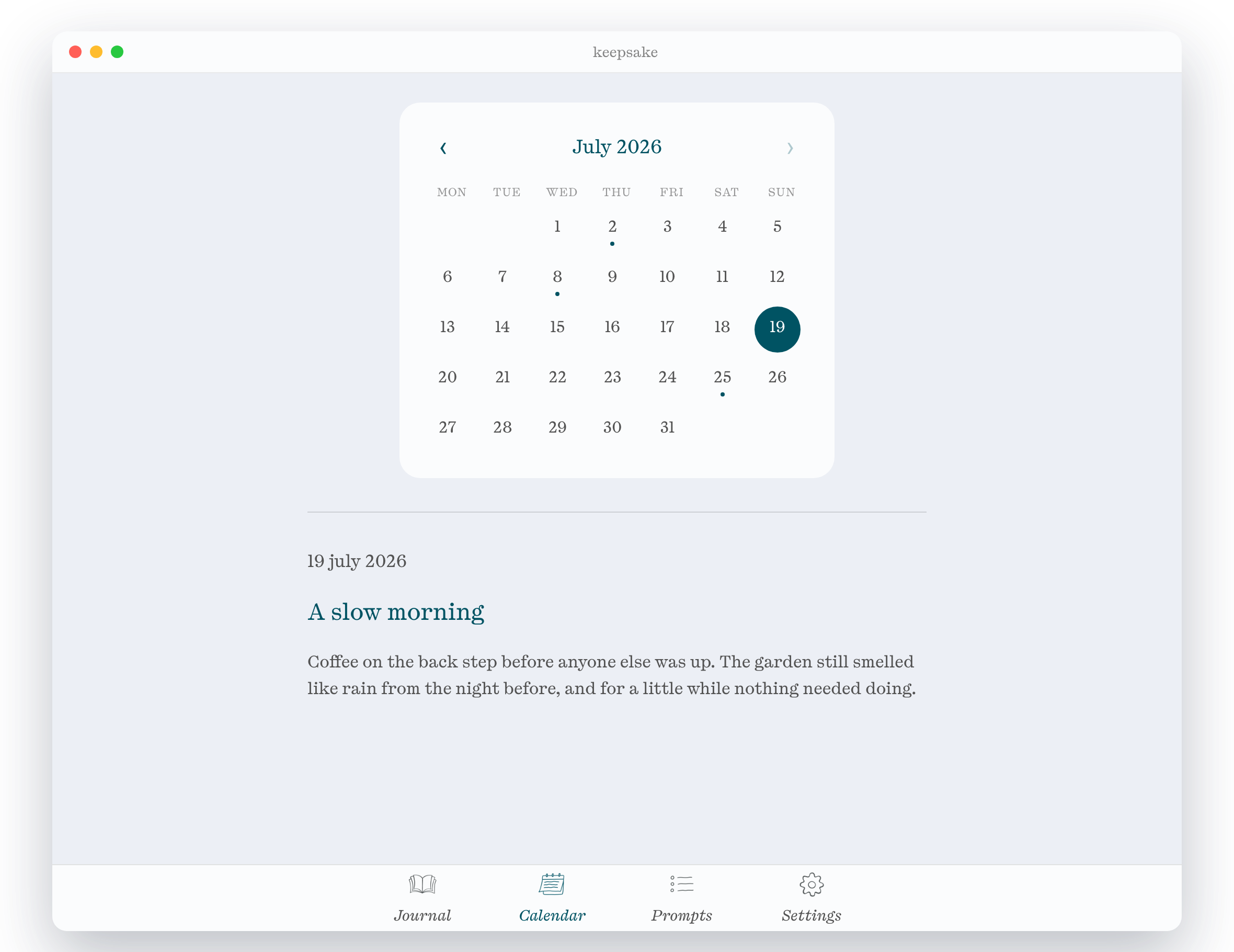 keepsake's calendar: a month grid with small marks on days that have entries, and the selected day's memory shown below.