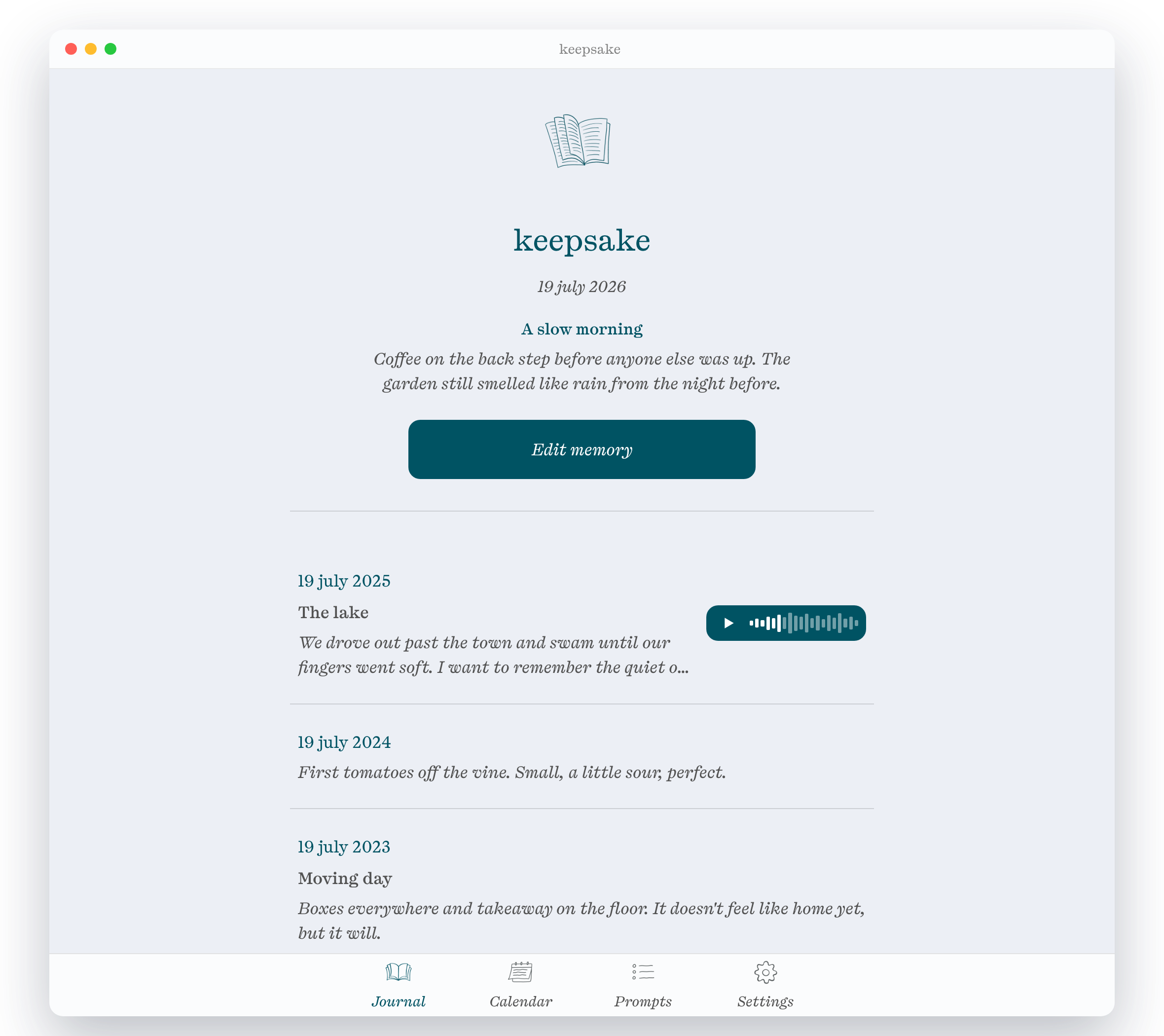 keepsake's home screen: today's entry above past entries written on the same date in 2025, 2024 and 2023, one with a voice note.